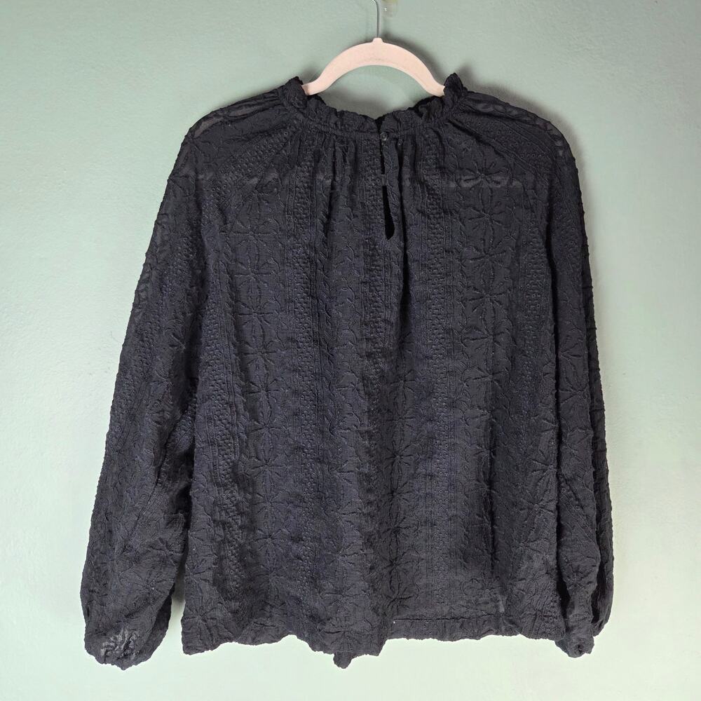 Old Navy Womens Large Long Sleeve Lace Ruffle Trim Split Neck Top Black Jack